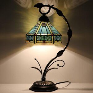 Tiffany Style Lamp Stained Glass Table Lamp Metal Leaf Base 19" High
